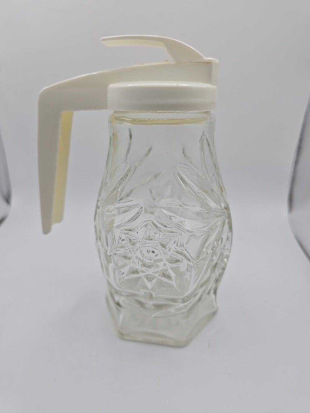Vintage ANDROCK Cut Glass Syrup Pitcher Starburst Daisy Pattern MCM EUC